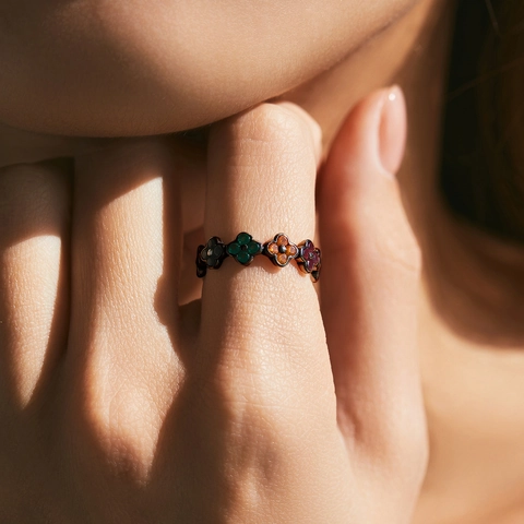 925 Sterling Silber Ring Vierblättriges Kleeblatt Bunter Zirkonia Schwarz Vergoldet Französisch Vintage Chic Damen