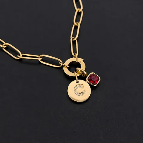 Amerikaanse Vintage Roestvrij Stalen Initialen Hanger Halsketting Voor Vrouwen Vergulde Strass Alfabet Rode Kristallen Paperclip Ketting Sieraden
