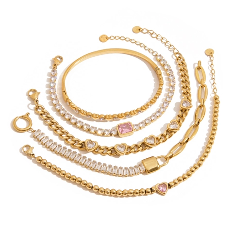 Stainless Steel Chain Bracelet For Women 18K Gold Plated Heart Charm Square Zircon Geometric Waterproof Hypoallergenic