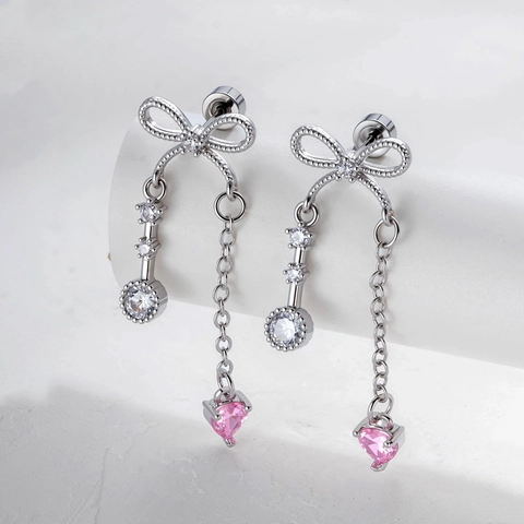 Pendiente De Cartílago Con Lazo Y Borla 925 Sterling Silver Earring Post Corazón Rosa Circonita Joyería Chic Para Mujer