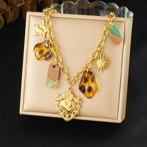 Vintage Bohemian Pendant Necklace Gold Plated Stainless Steel With Leopard Resin And Wood Charms For Women