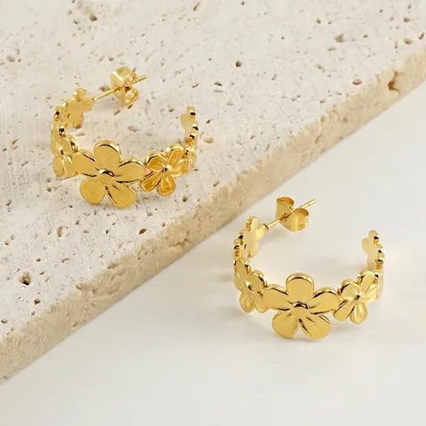 Madeliefje Bloem Hoop Oorbellen 18K Verguld Roestvrij Staal Retro C-Vormige Florale Oorknopjes Voor Dames Sieraden