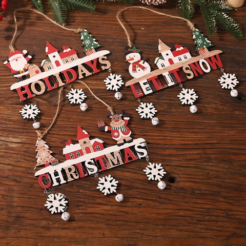 Adornos Colgantes De Madera De Navidad Papá Noel Muñeco De Nieve Reno Letreros De Bienvenida Pintados Con Campanas Y Colgantes De Copos De Nieve Decoración Festiva