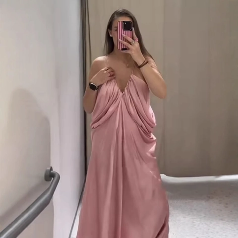 Women Satin Maxi Dress Cowl Neck Backless Spaghetti Strap Drape Front Solid Color Elegant Sexy Slip Long Dress