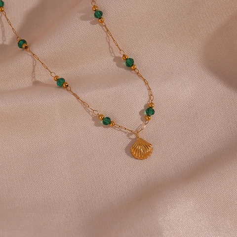 Shell Pendant Necklace Stainless Steel With Green Acrylic Beads Gold Plated Fashion Summer Jewelry For Women Elegant