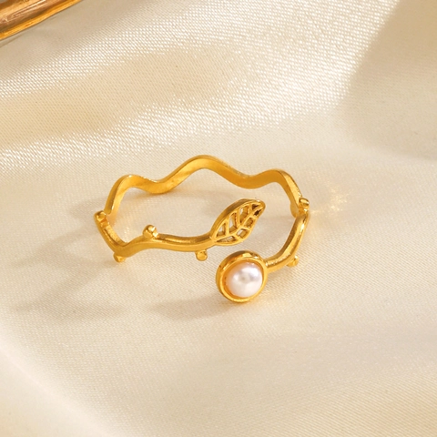 Hollow Leaf Artificial Pearl Open Ring Stainless Steel Gold Plated Adjustable Branch Vine Jewelry For Women Retro French Style