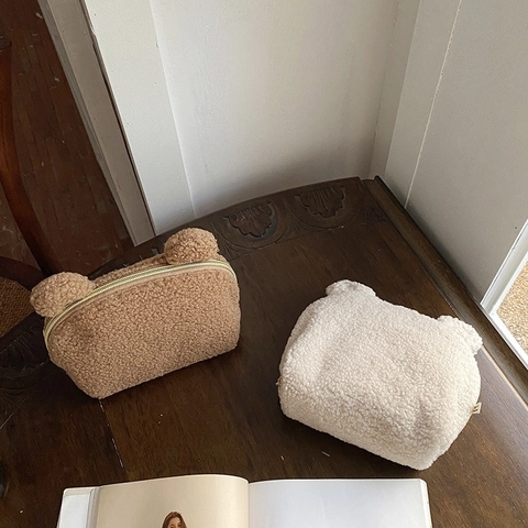 Borsa Per Trucco In Peluche Con Orecchie Di Orso Astuccio Per Cosmetici In Sherpa Organizzatore Da Viaggio Con Cerniera