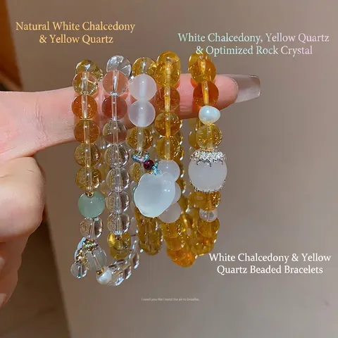 Bracciale Perline Calcedonio Bianco Naturale Topazio Giallo Cristallo Bianco Perla Artificial Rame Elegante Stile Cinese Da Donna
