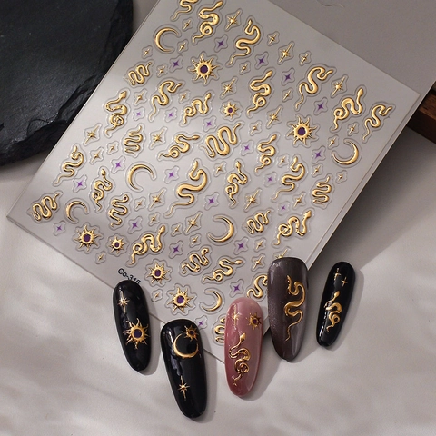 Stickers Ongles Métalliques Gaufrés 5D Doré Argenté Serpent Lune Étoiles Soleil Mystique Décalcomanies Manucure Femmes