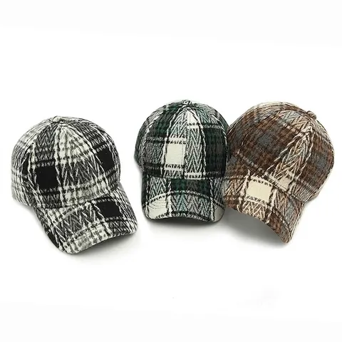 Plaid Baseball Cap Vintage Tweed Textured Adjustable Curved Brim Autumn Winter Warm Sun Protection Duck Tongue Hat