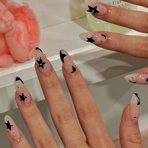 French Long Almond Press On Nails With Star Moon Pattern Rhinestone Accents Nude Pink Glossy Fake Nails For Women