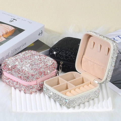 Rhinestone Jewelry Box Square Portable Storage Organizer Zipper Closure Sparkling Trinket Case For Rings Earrings Travel