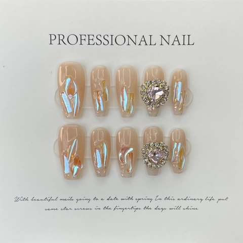 Ongles À Presser À La Main Forme Cercueil Long Dégradé Aurora Paillettes Strass Cœur Élégant Faux Ongles Réutilisables