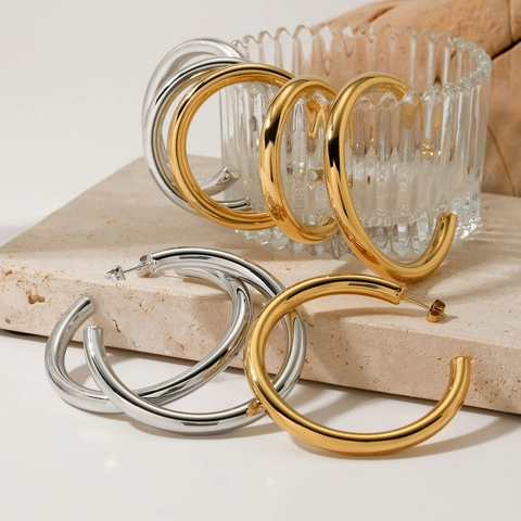Chunky Hoop Ohrringe C-Form Hohl Edelstahl Vakuum Beschichtet Geometrisch Kühner Trendiger Schmuck Für Frauen