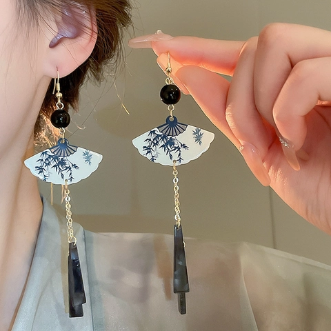 Chinese Style Fan Dangle Earrings Alloy Resin Bamboo Pattern Long Tassel Vintage Ethnic Jewelry For Women