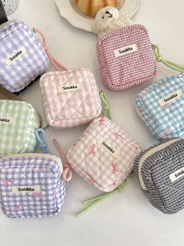 Mini Borsa per Trucco Trapuntata a Quadretti Portamonete Portatile in Cotone Imbottito Custodia Quadrata con Cerniera Piccolo Organizzatore di Gioielli per Donna