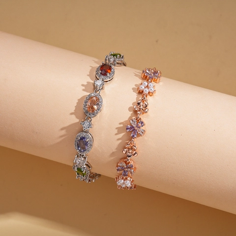 Bracciale In Rame Elegante Da Donna Con Zircone Gemma Colorata Ovale Fiore Perla Artificial Imitazione Stile Vintage