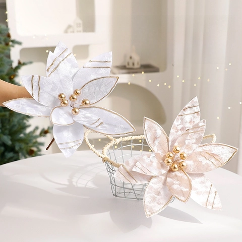 Artificial Poinsettia Christmas Flowers Flannel Velvet Glitter Edges Bead Center Holiday Tree Decoration Home Party