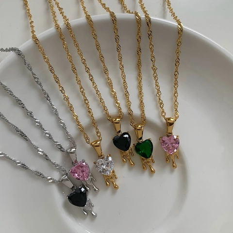 Heart Zirconia Necklace And Earrings Stainless Steel Molten Drip Lava Design Sweet Trendy Jewelry For Women