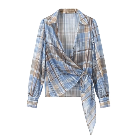 Chique Dames Geruite Blouse Lange Mouwen Met Goud Lurexdraad V Hals Overslag Voorzijde Zijstrik Casual Shirt