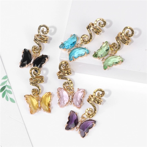 Trendy Butterfly Dreadlock Hair Clips Alloy Artificial Crystal Rhinestone Spiral Hair Jewelry For Party Music Festival DJ Cool Gift