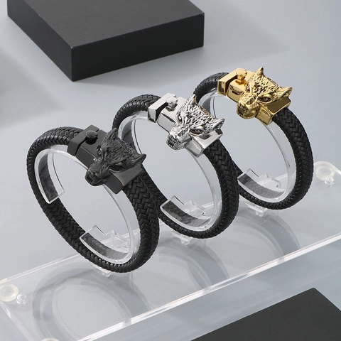 Men's Braided Leather Bracelet With Stainless Steel Wolf Skull Lion Head Punk Style Rock Biker Jewelry For Men