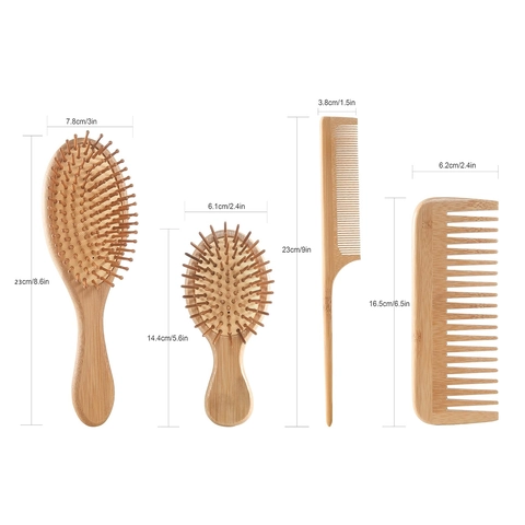 Natural Bamboo Hair Brush Set Scalp Massage Detangling Air Cushion Combs For Women Men Professional Salon Styling