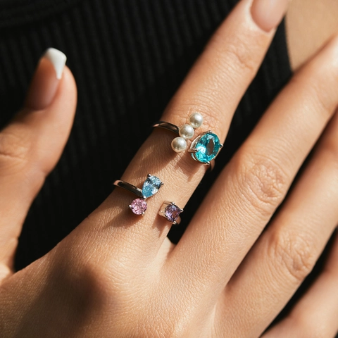 925 Sterling Silver Adjustable Open Ring With Artificial Pearl And Colorful Crystal Gemstone Sweet Elegant Jewelry Women
