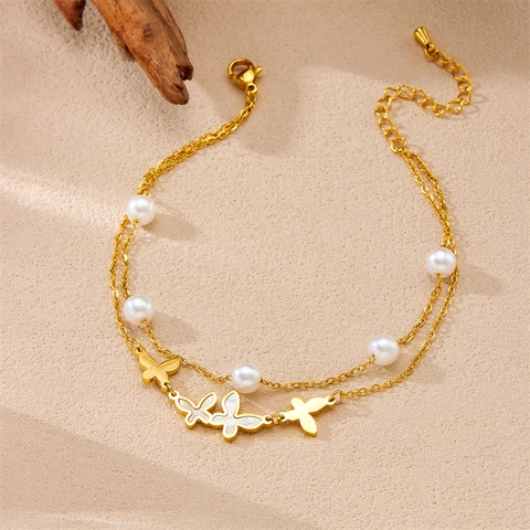 Butterfly Pendant Anklet Double Layer Gold Plated Stainless Steel With Artificial Pearls And Mother Of Artificial Pearl For Women
