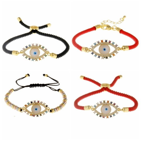 Evil Eye Bracelet Copper Cubic Zirconia Adjustable Braided Rope Ethnic Bohemian Fashion Jewelry Gift For Women