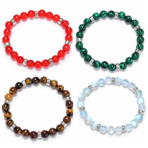 Natural Stone Beaded Bracelet Vintage Alloy Spacers Elastic Rope Yoga Jewelry For Men And Women
