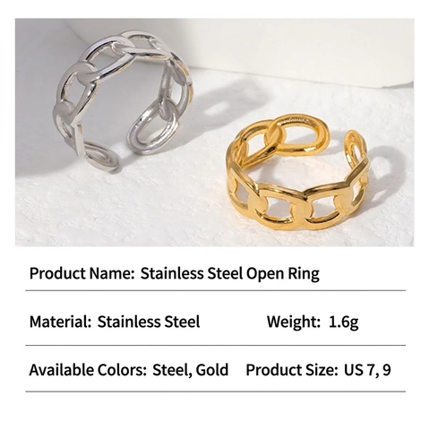 Stainless Steel Chain Link Ring Open Adjustable Minimalist Fashion Finger Jewelry For Women Men Daily Wear