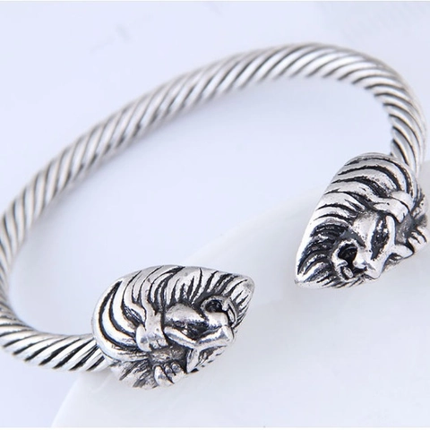 Men's Lion Head Twisted Wire Bangle Retro Punk Adjustable Open Metal Bracelet Silver Color