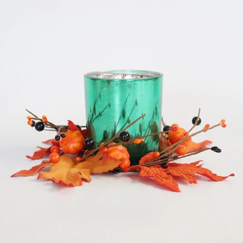 Anello Candela Zucca Foglia Acero Artificiale Decorazione Festa Halloween Ringraziamento Raso Schiuma Bacche Autunno