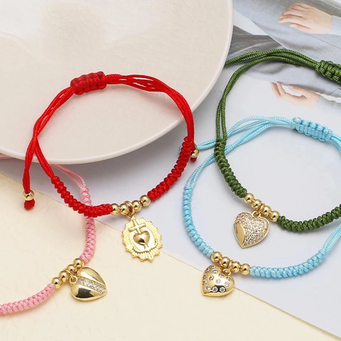 Bracciale Con Ciondolo a Cuore in Rame Placcato Oro Cordino Intrecciato Colorato Regolabile Con Strass Gioielli da Donna