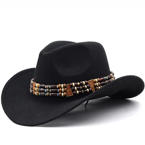 Western Cowboy Hat Polyester Wide Brim Ethnic Beaded Band Retro Fedora Outdoor Travel Sun Protection Men Women
