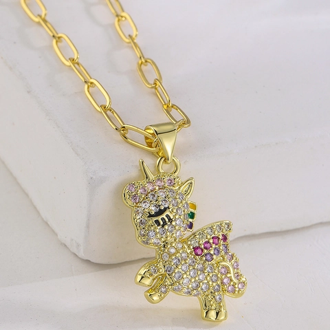 Collana Con Ciondolo Animale Rame Placcato Oro Zirconia Cubica Colorata Unicorno Panda Gioielli Alla Moda Per Donna
