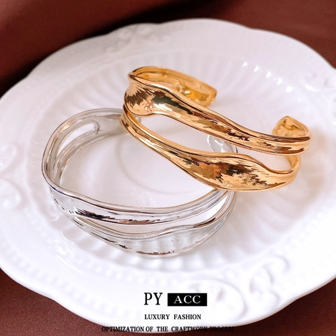 Irregular Wave Double Layer Open Cuff Bracelet Copper Gold Plated Liquid Metal Texture Minimalist Modern Women Jewelry