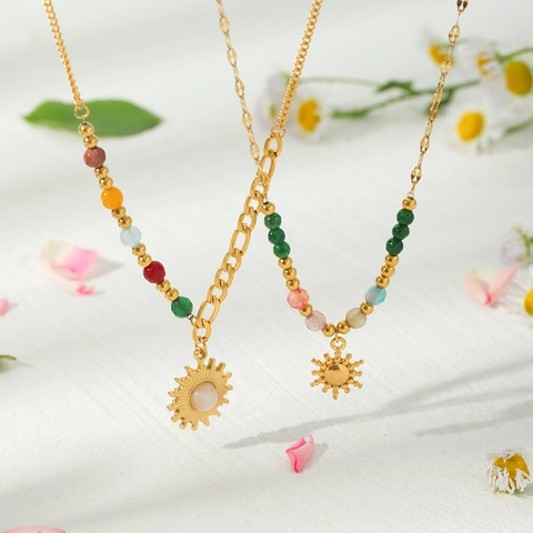 Collier Pendentif Soleil En Acier Inoxydable Avec Quartz Rose Perles En Pierre Naturelle Bijoux Bohème Femme