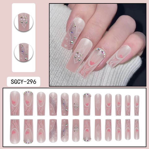 Faux Ongles Longs Cercueil Dégradé Rose Blanc Motif Cœur Strass Künstliche Perles Paillettes Style Français Pour Femmes Filles