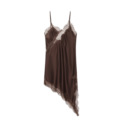Satin Lace Nightdress Deep V Neck Asymmetric Hem Spaghetti Strap Sleeveless Slip Dress Solid Elegant For Women