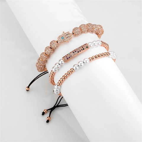 Pulsera Trenzada Mano De Fátima Mal De Ojo Cobre Micro Circón Perla Artificial De Imitación Cordón Ajustable Joyería De Moda Mujer