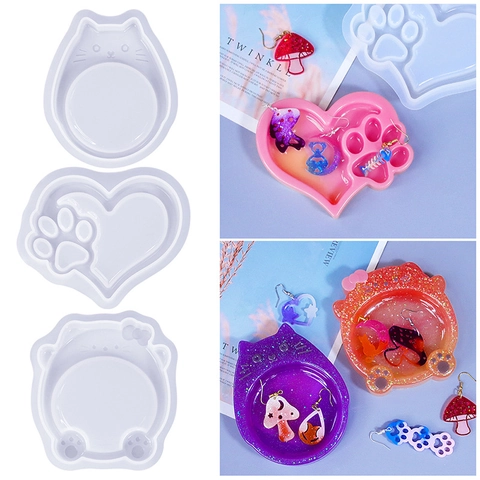 Stampi In Silicone Per Vassoio Portaoggetti In Resina Epossidica Fai Da Te Display Per Gioielli Forma Gatto Zampa Di Cuore