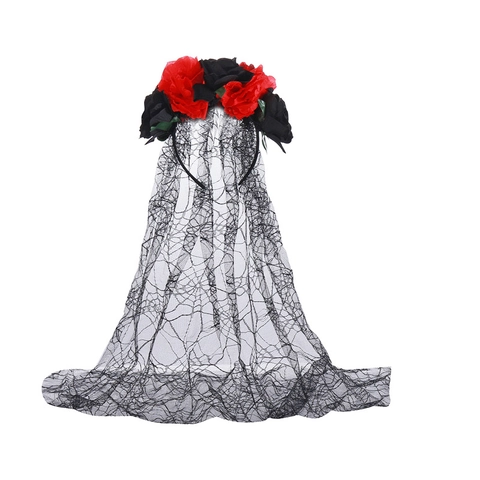 Cerchietto Gotico Halloween Con Decorazione Teschio Rosa Simulazione E Velo Di Pizzo Nero Per Feste Di Cosplay