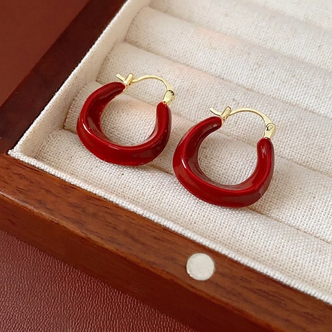 Rote Emaille Creolen Mit Silberohrstecker Echt Vergoldet U-Form Vintage Chic Geometrisch Für Damen