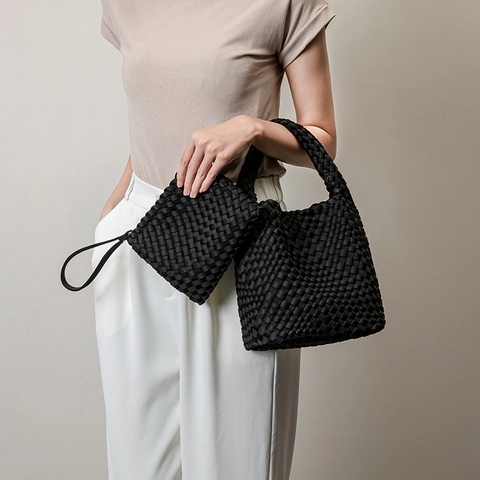 Sac À Main Tissé À La Main En Tissu De Plongée Sac Bandoulière Avec Pochette Assortie Style Rétro Décontracté Femme