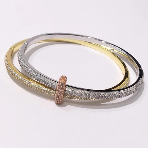 Bracciale Rigido Lusso in Rame con Strass Intarsiati a Doppio Anello per Donna Moda Tricolore Oro Argento Gioielli Regalo
