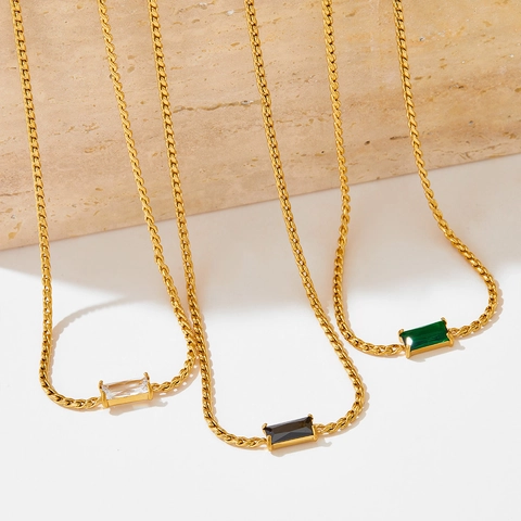 Collier Avec Pendentif Pierre Gemme Rectangulaire Acier Inoxydable Plaque Sous Vide Bijoux Fantaisie Femme Style Elegant