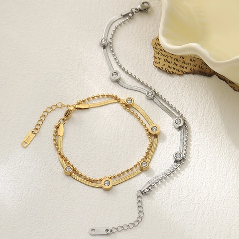 Stainless Steel Double Layer Bracelet With Roman Numerals Rhinestone Pendant For Women Gold Silver Fashion Jewelry