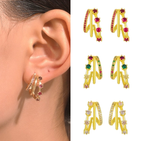 Vintage Nischen Design Mehrlagige C-Förmige Kupfer Ohrringe Mit Zirkon Strass Für Damen Täglich